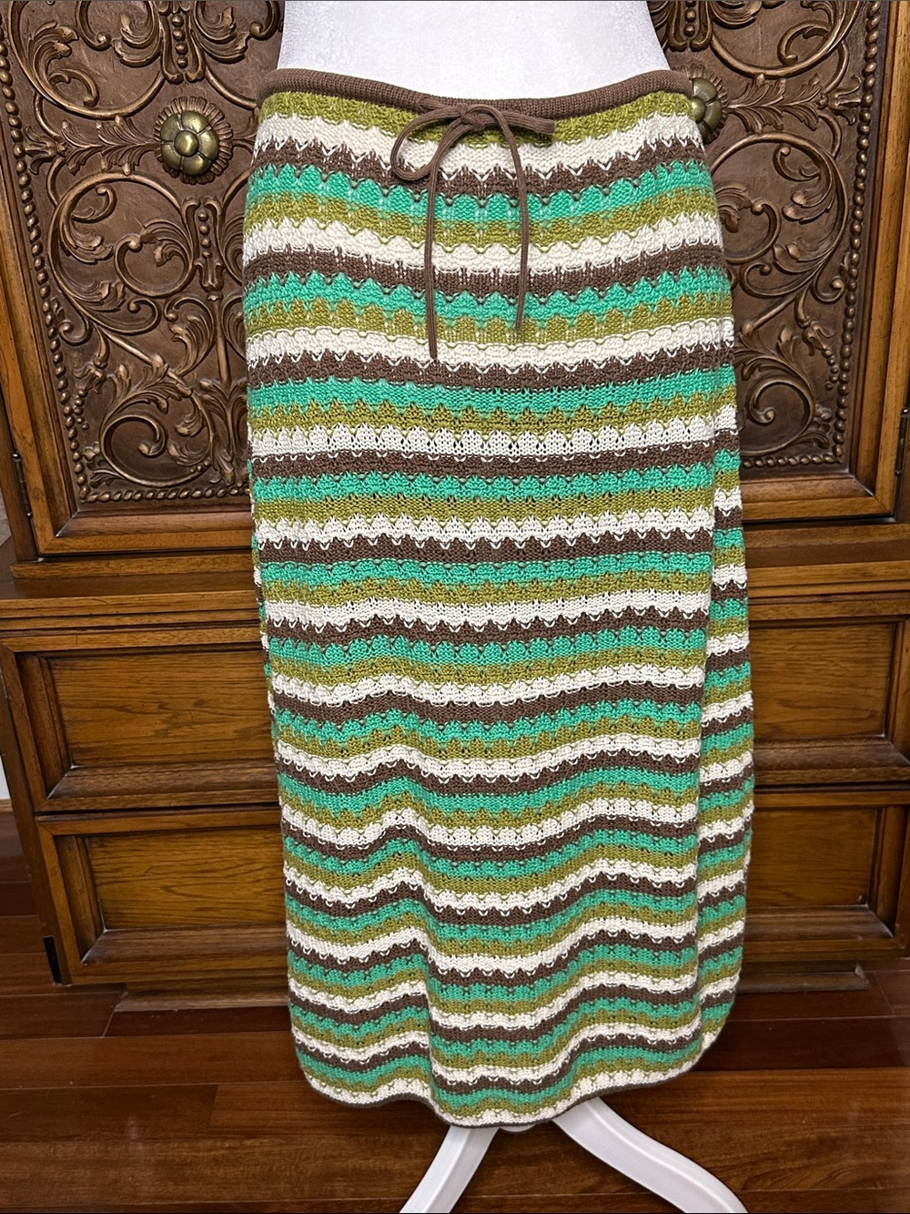 The Drop Lyra Crochet Midi Skirt Jade Combo Cotton Medium Boho